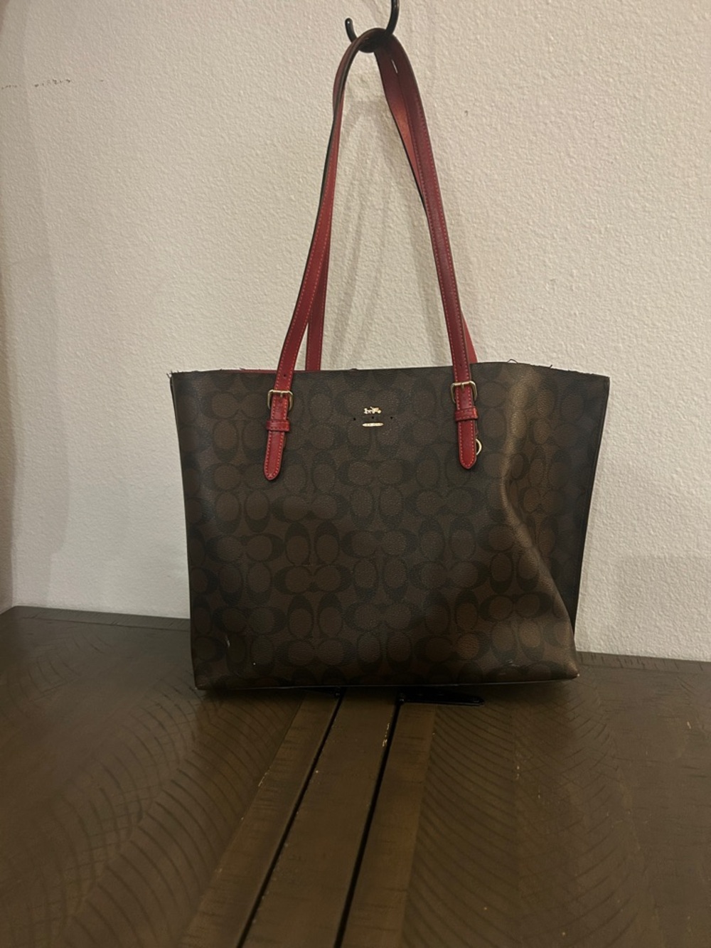 Coach Brown Signature Tote with Red Leather Straps